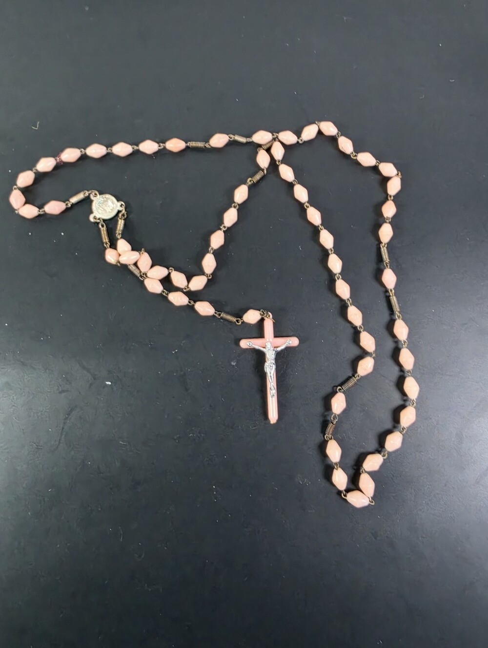 Vintage-Inspired Pink Rosary Necklace with Cross